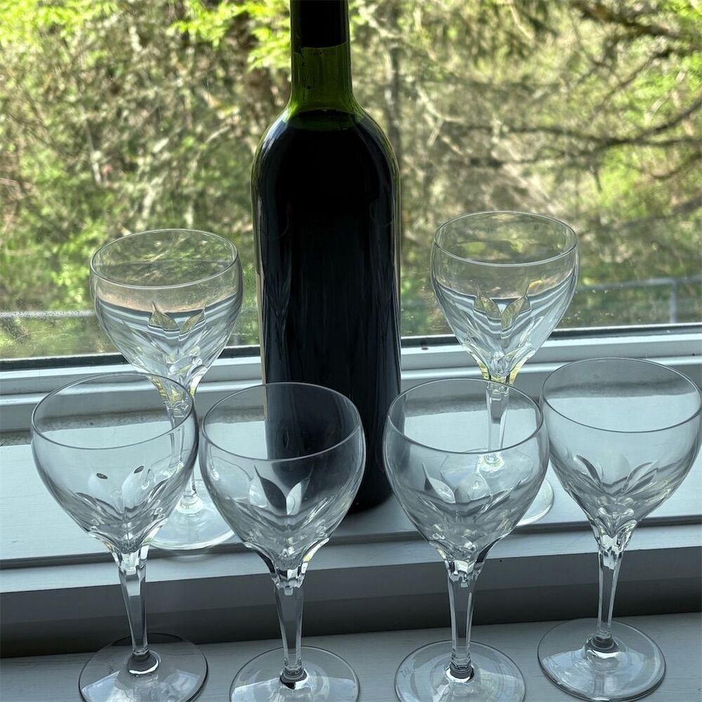 Vintage HG Crystal Wine Glass Set of 6 with Etched Design Height 6 inches